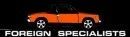 Orange pickup truck logo with the words &ldquo;Foreign Specialists&rdquo; on a black background