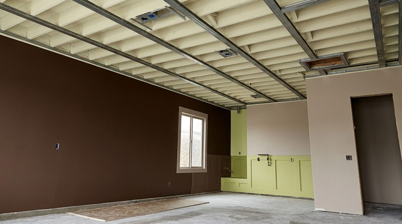 Empty unfinished room with exposed ceiling, brown and beige walls, and built-in cabinets by a window
