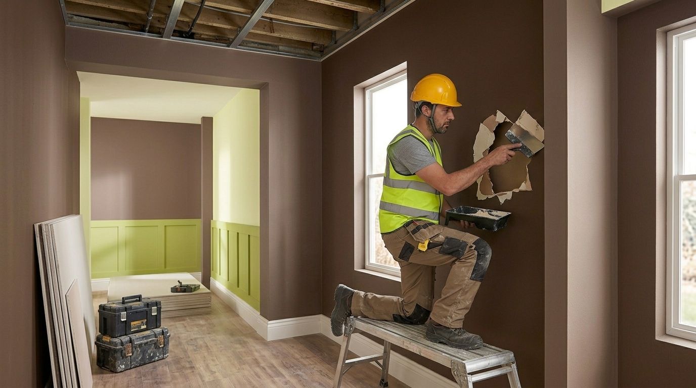 Construction worker on a step ladder cutting drywall inside a house under renovation