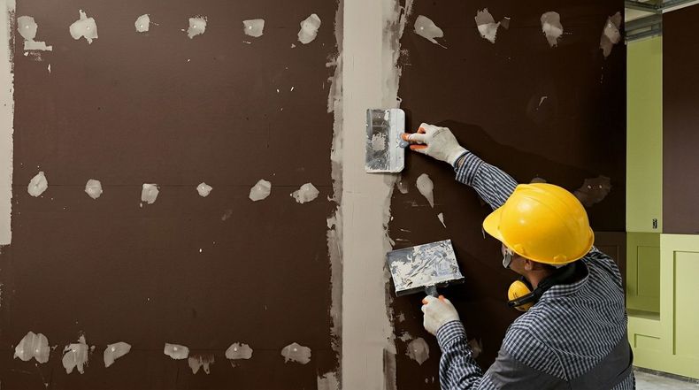 Worker in yellow hard hat patches drywall with joint compound on a brown wall.