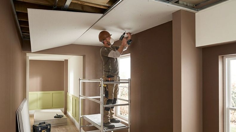 Worker on scaffold installing ceiling drywall in a room under renovation