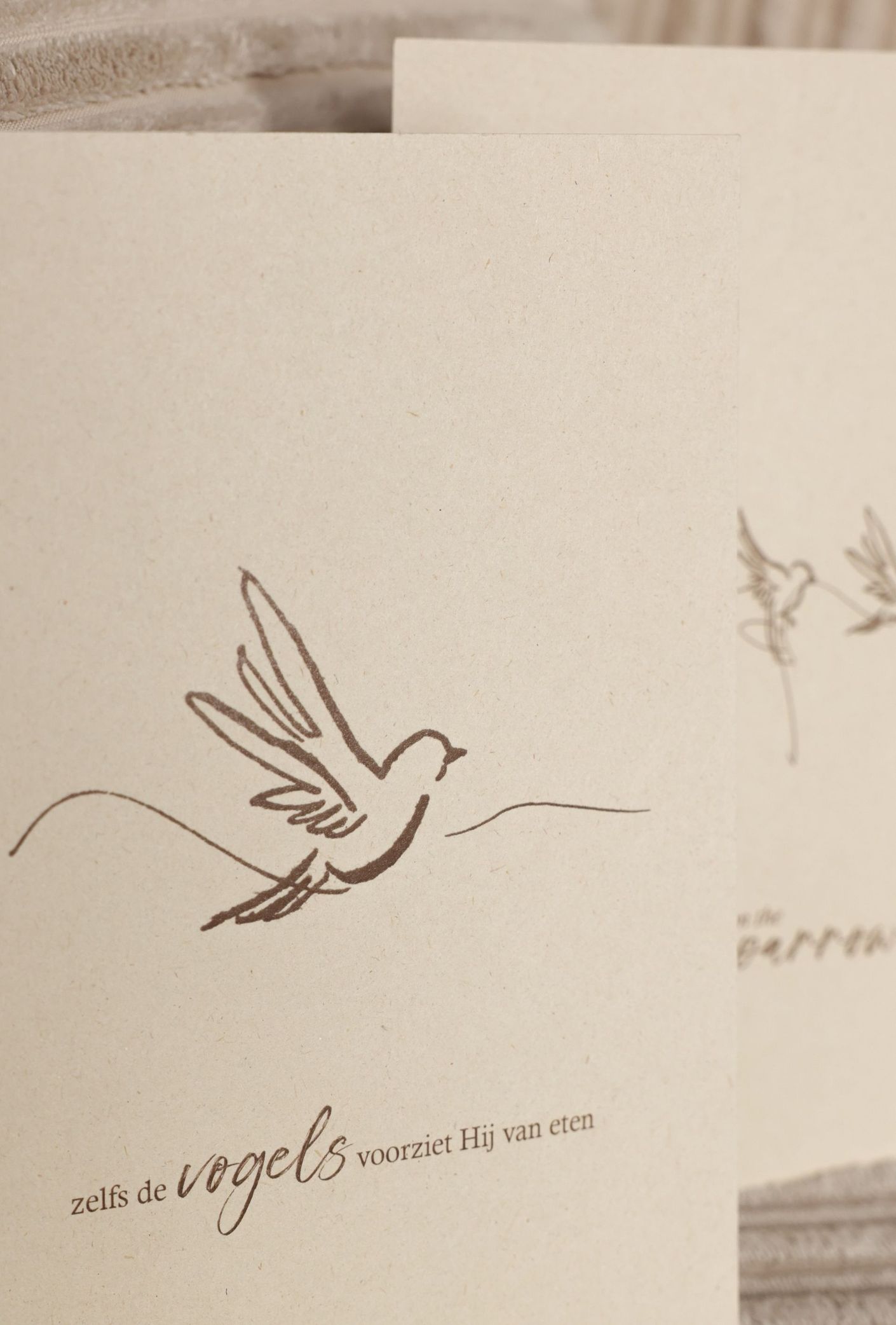Lijntekening van een vogel in vlucht op een beige kaart. De tekst eronder luidt