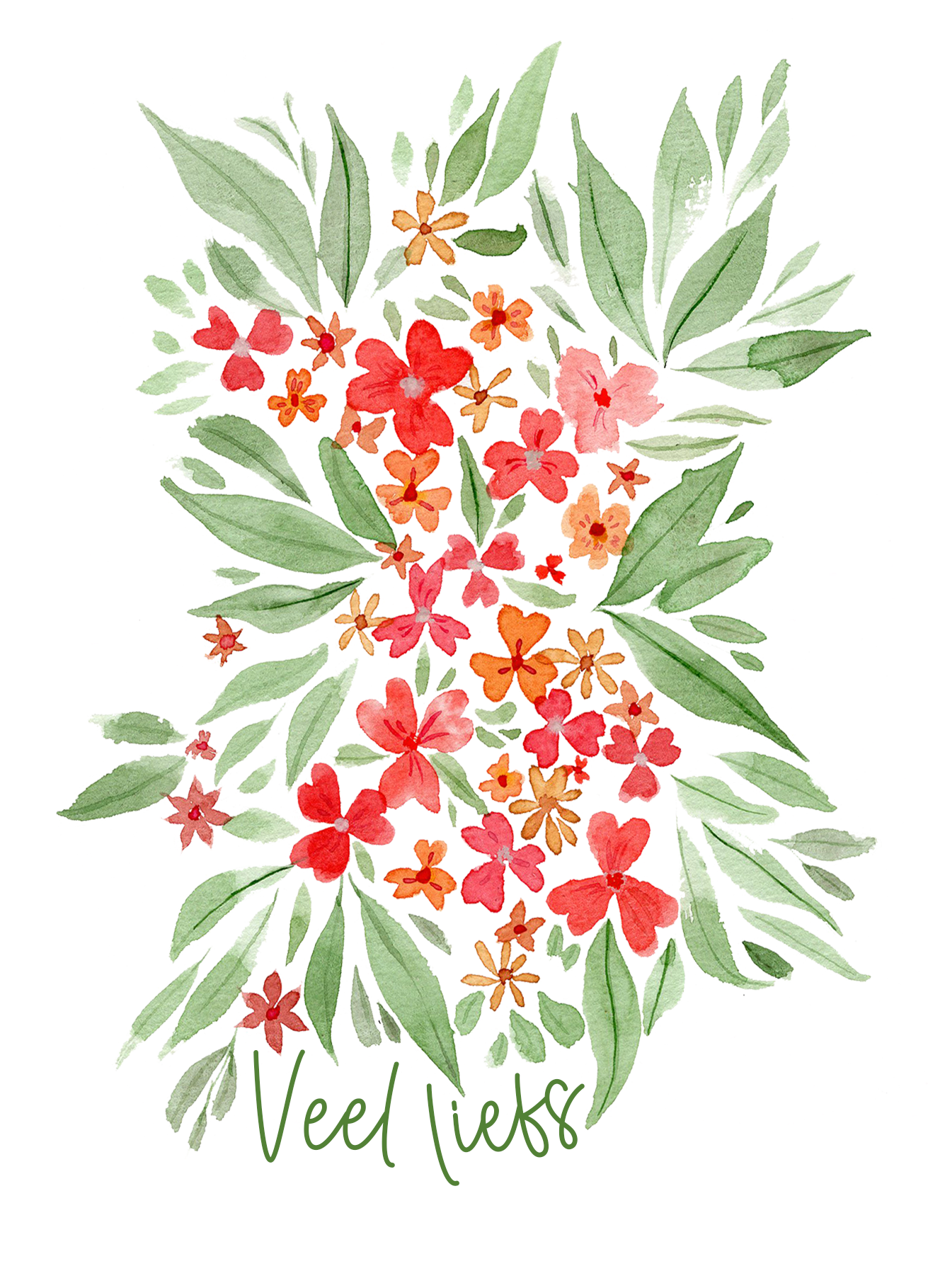 Aquarel bloemen en bladeren in rood, oranje en groen, met de tekst
