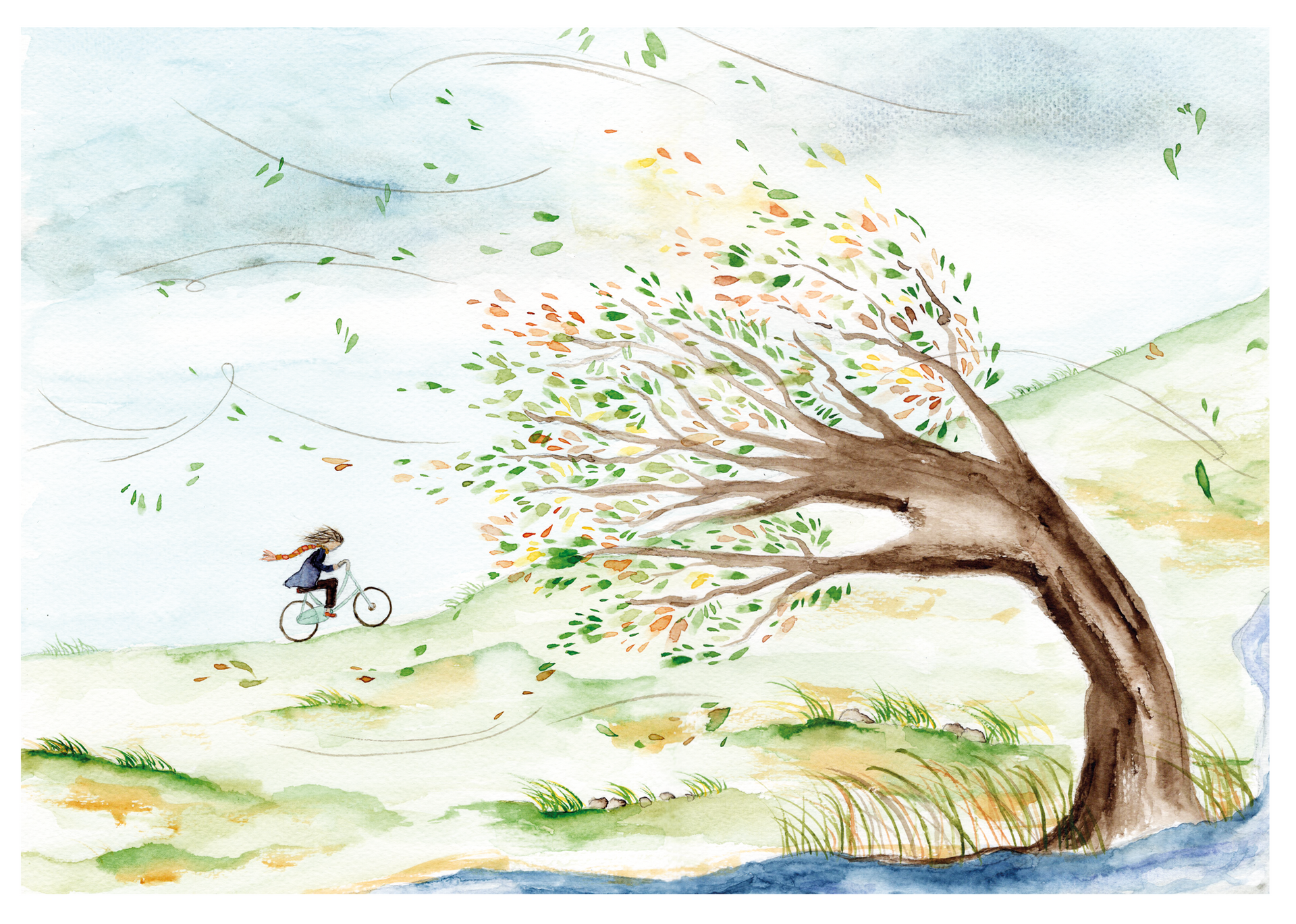 Een vrouw fietst tegen de wind in, langs een kromme boom en grasheuvels; bladeren dwarrelen in de wind.