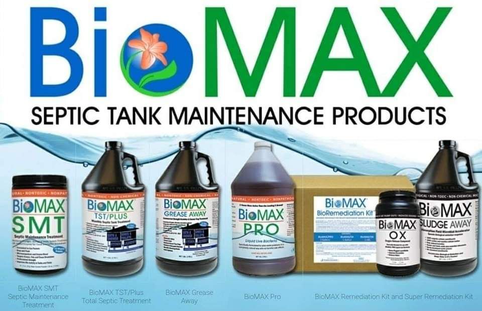 BioMAX septic tank maintenance products displayed in containers on a water-themed background.