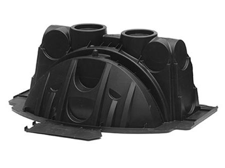Black plastic stormwater management unit with multiple openings and a textured surface.