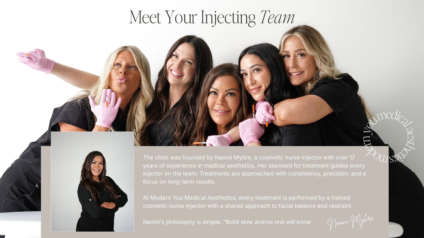 Team portrait of four women posing on a couch with a smaller inset portrait and promotional text.