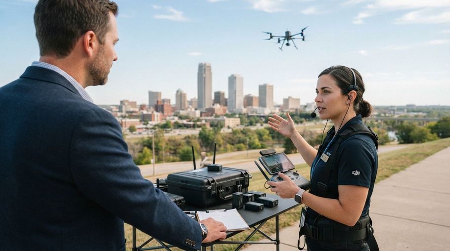 Two people operating a drone outdoors with a city skyline in the background