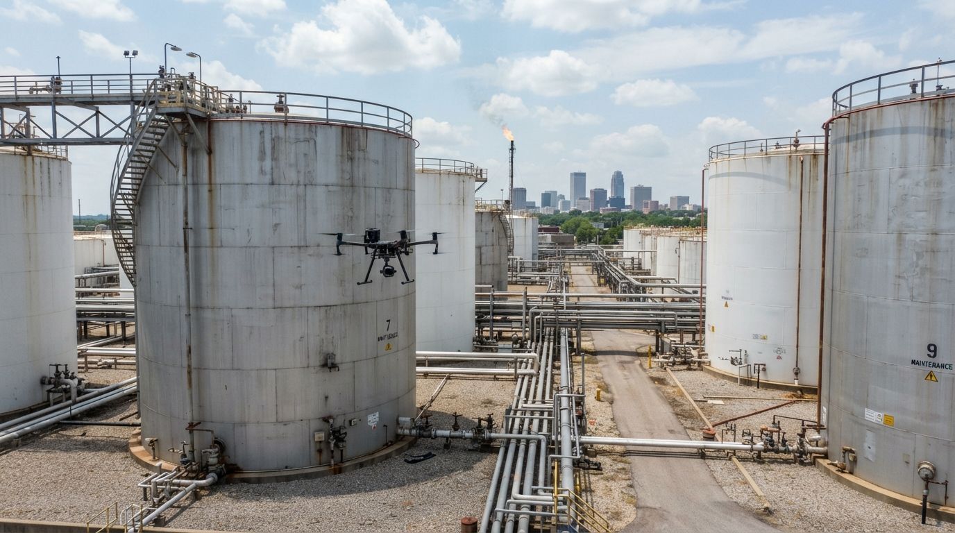 Industrial refinery tanks and pipelines under a bright sky, with a city skyline in the distance.