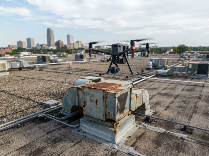 Rooftop drone with camera on a flat gravel roof, city skyline in the background