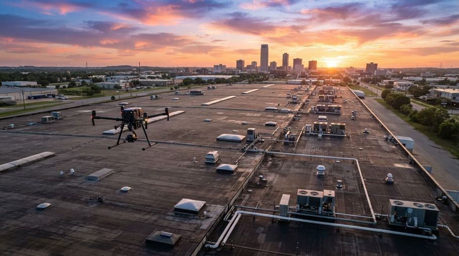 Drone view of a rooftop at sunset with HVAC units and a city skyline in the distance