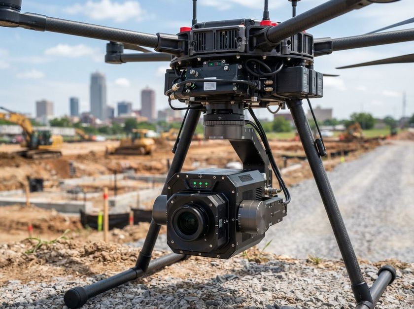 Drone with camera hovering over a construction site