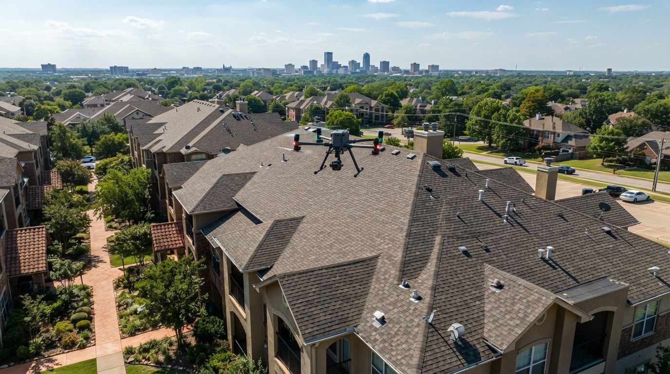 Aerial view of suburban rooftops with a distant city skyline under a clear sky.