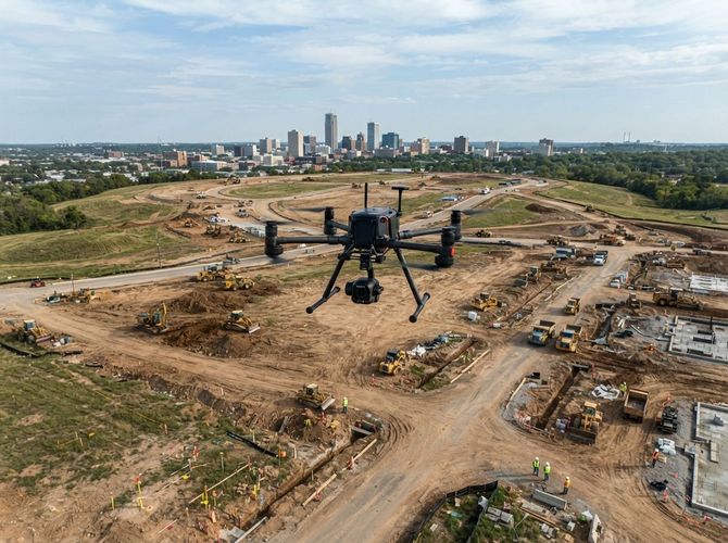 Drone flying over a large construction site with dirt roads and a city skyline in the background