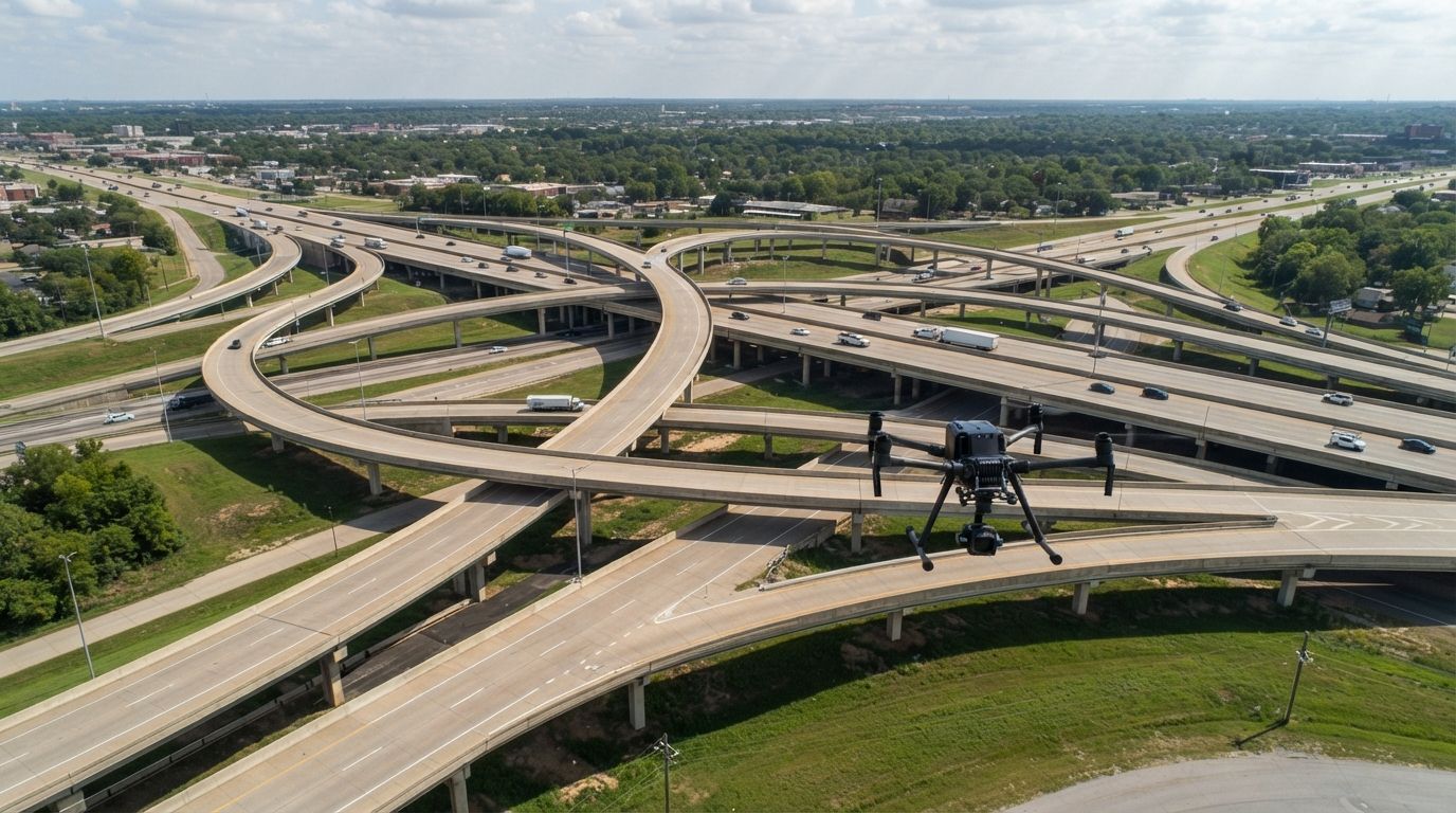Aerial view of a sprawling highway interchange with looping overpasses and light traffic under a clear sky