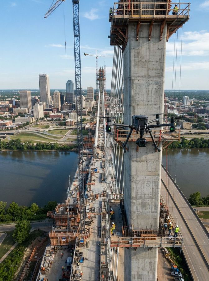 Construction workers on a bridge under construction over a river, with a city skyline in the background