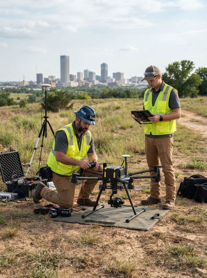 Two workers in yellow safety vests operate surveying equipment in a grassy field with a city skyline behind them