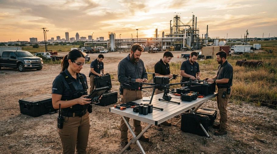 People operating drones at a field setup during sunset, with industrial equipment in the background