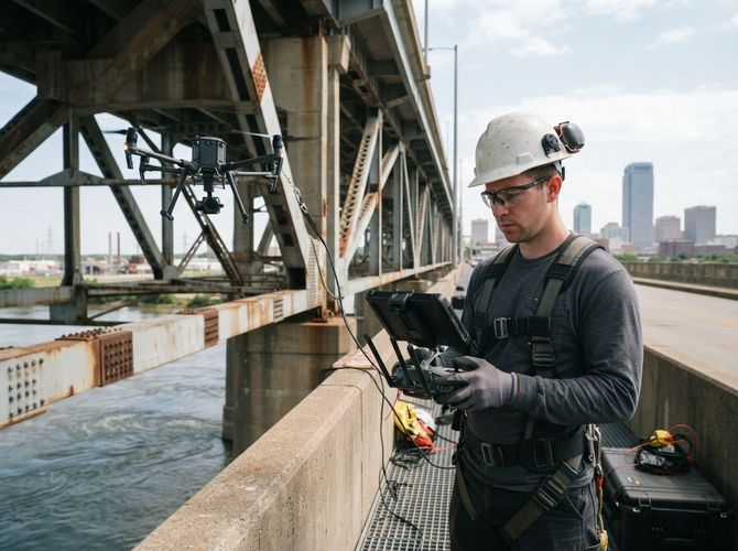 Worker in hard hat inspecting equipment beside a bridge over a river, with city skyline in the background.