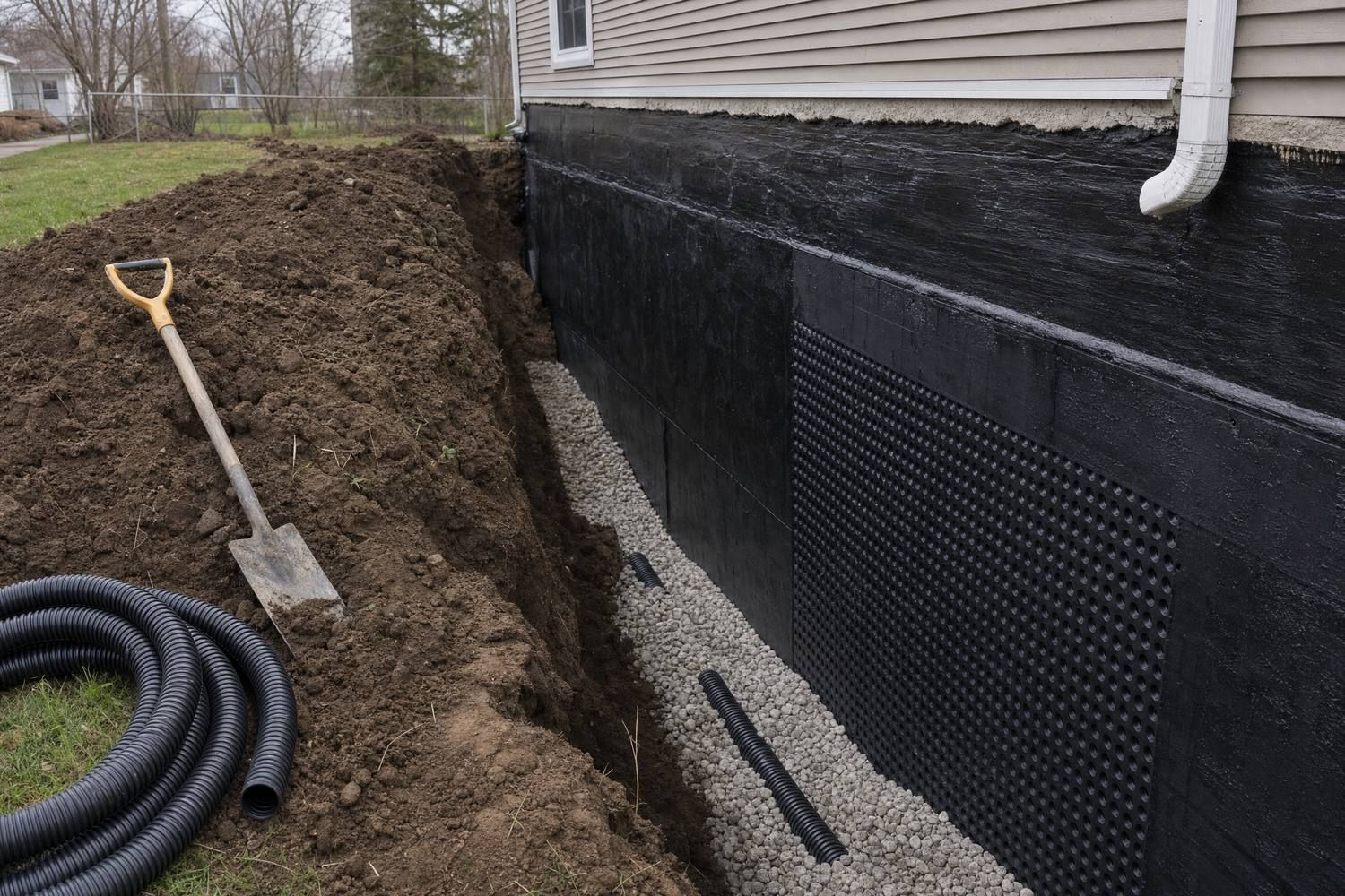Exterior waterproofing excavation and French drain at a Sandusky, OH home