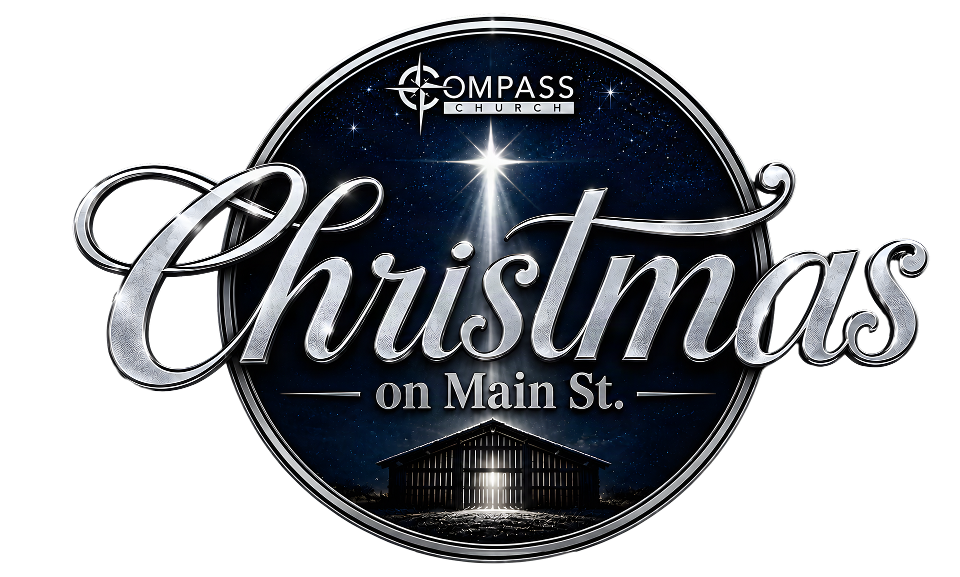 Christmas on Main St. logo with a dark blue background, white text, and a shining light.
