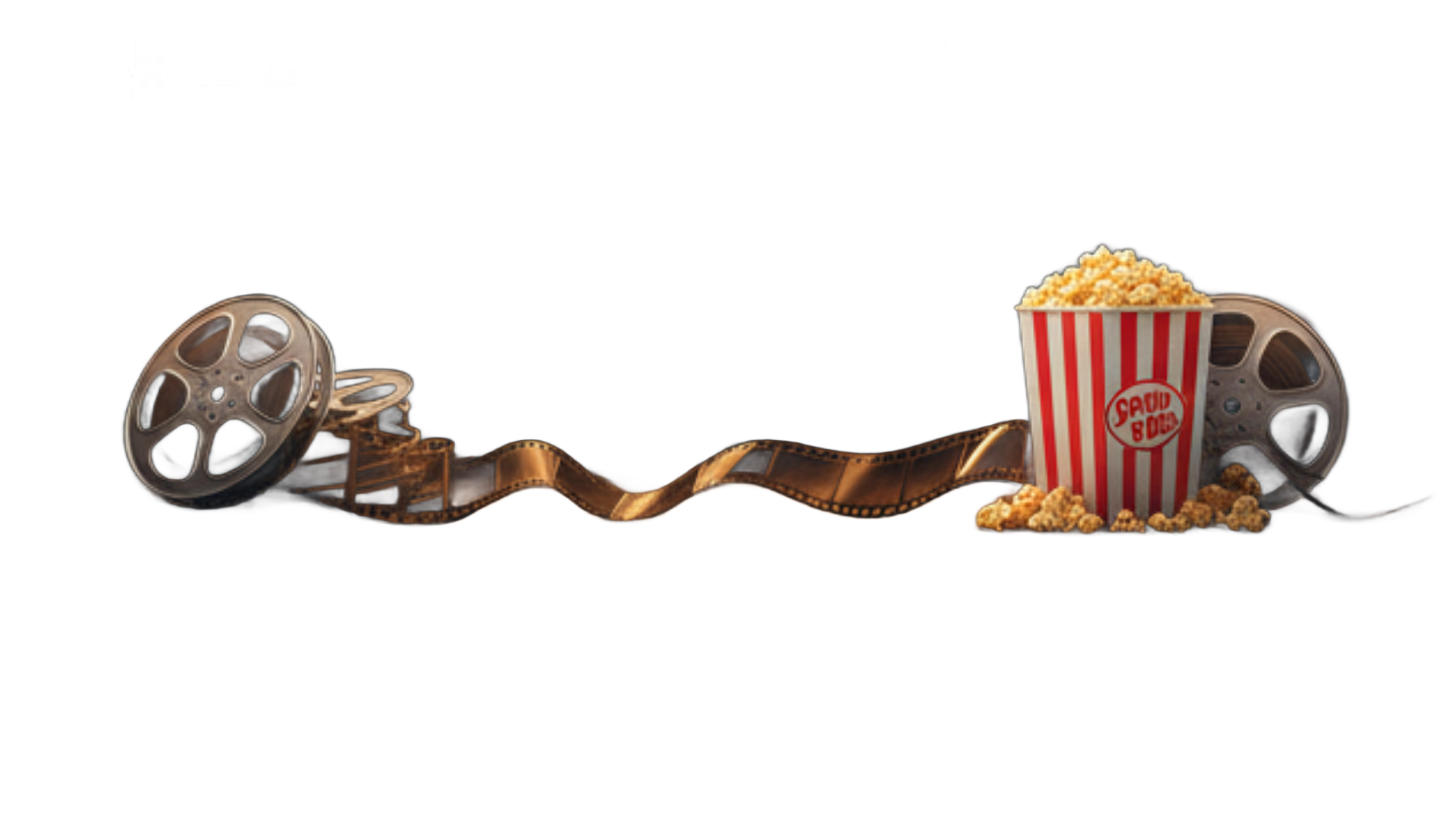 Film reel unspooling into a red-and-white popcorn bucket with popcorn spilling out