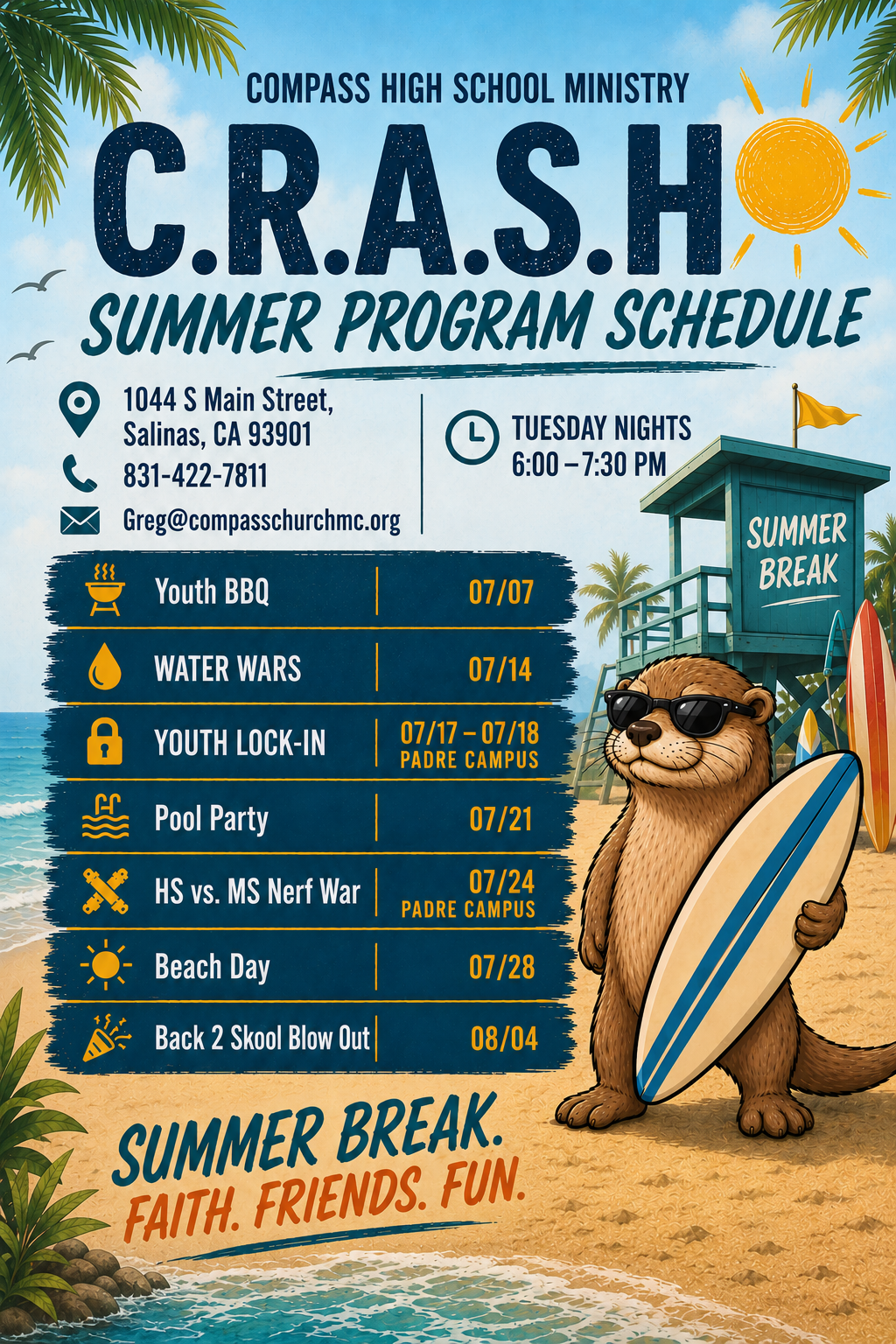 CRASH Summer Program schedule poster with beach scene, dates, activities, and a dog in sunglasses.