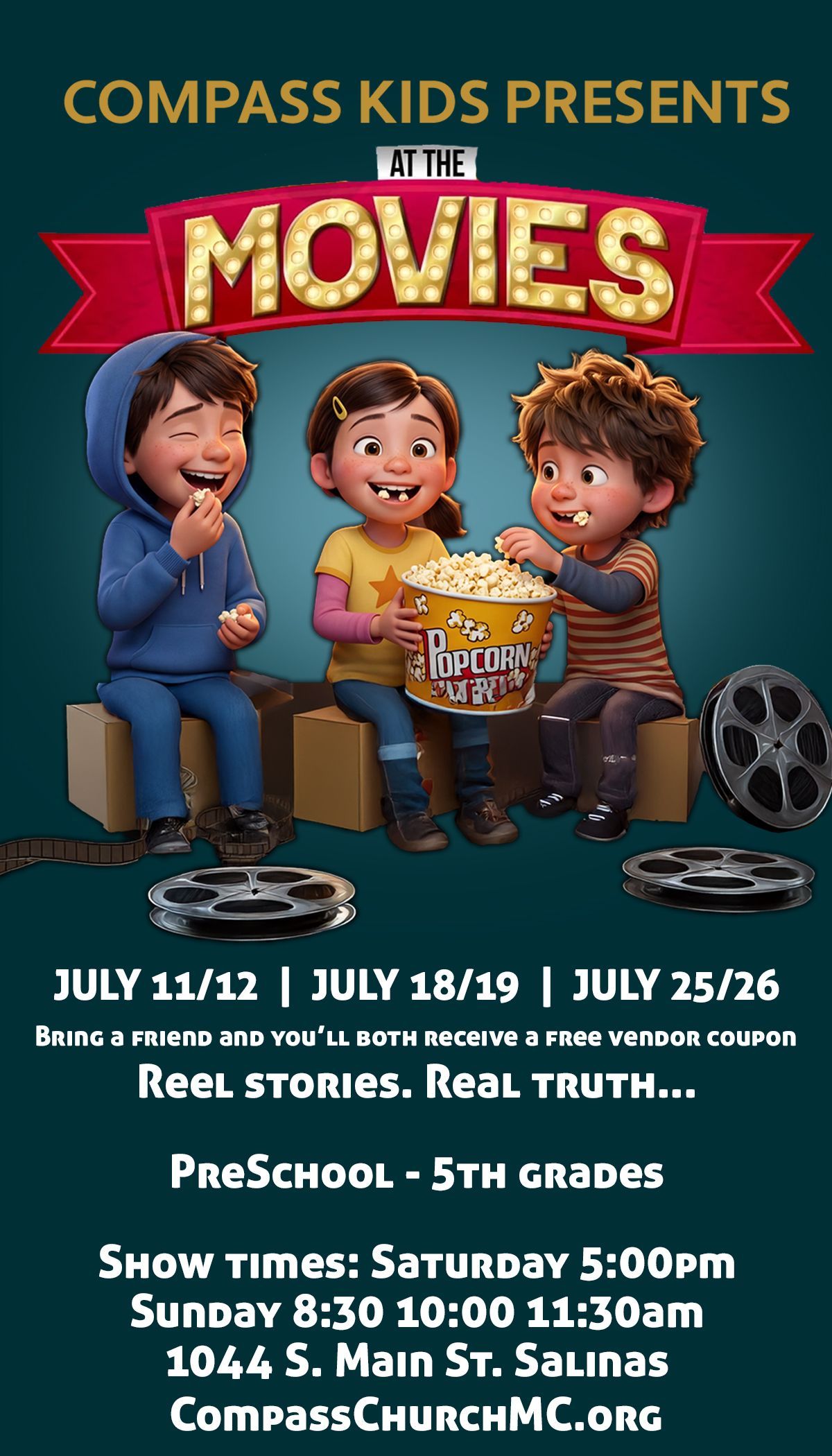 Compass Church Children’s movie event poster with cartoon kids, popcorn, showtimes, and dates for 1st–5th graders