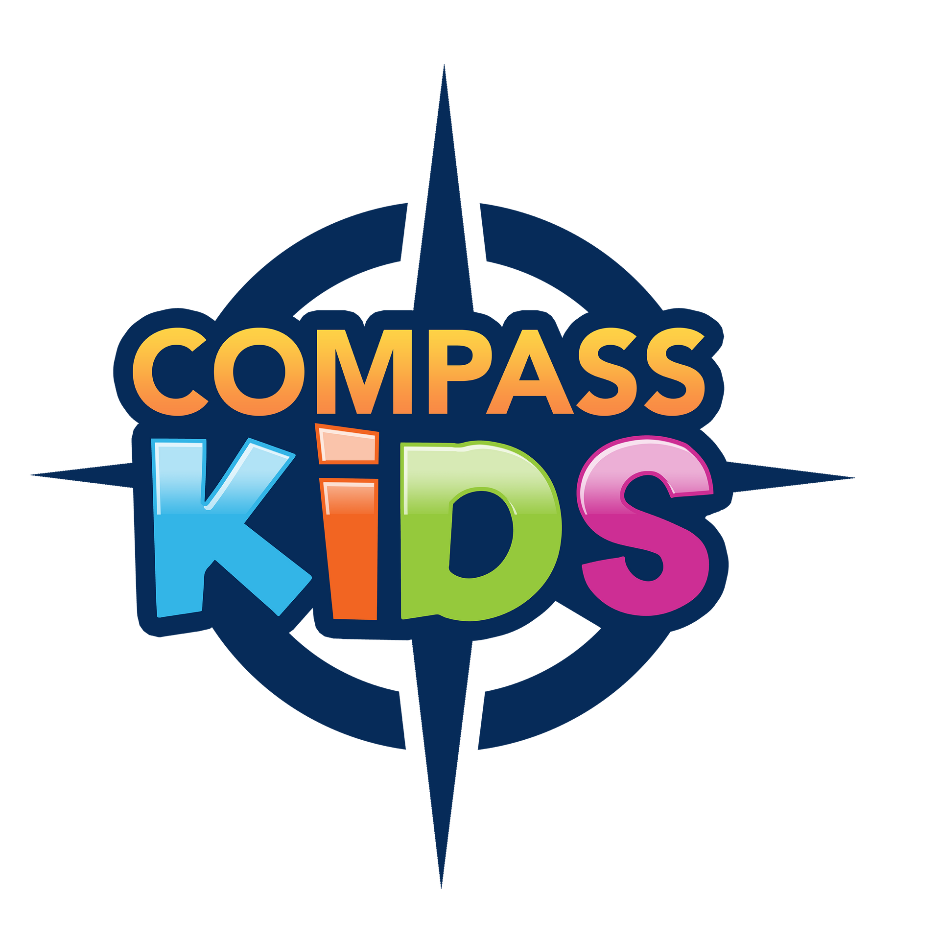 Compass Kids logo with colorful text over a blue compass emblem