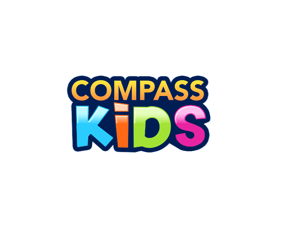 Compass Kids logo in blue, orange, and green on a white background