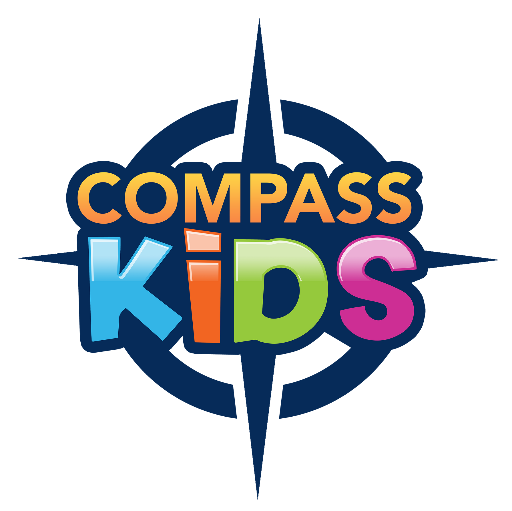 Compass Kids logo in blue, orange, green, and pink text on a white background