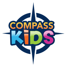 Compass Kids logo with colorful text over a blue compass emblem