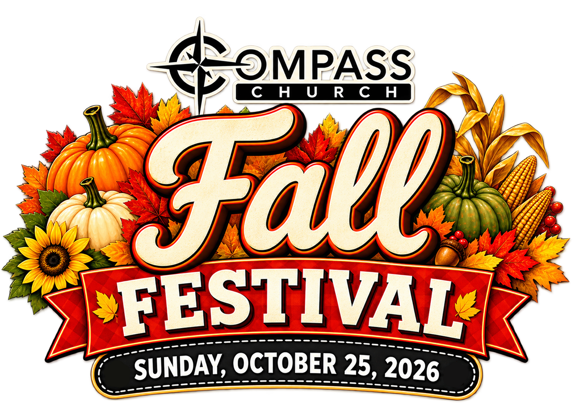 Compass Church Fall Festival poster with pumpkins, sunflowers, autumn leaves, and date October 25, 2026