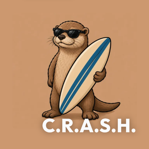 Otter wearing sunglasses holding a surfboard, with “C.R.A.S.H.” text below