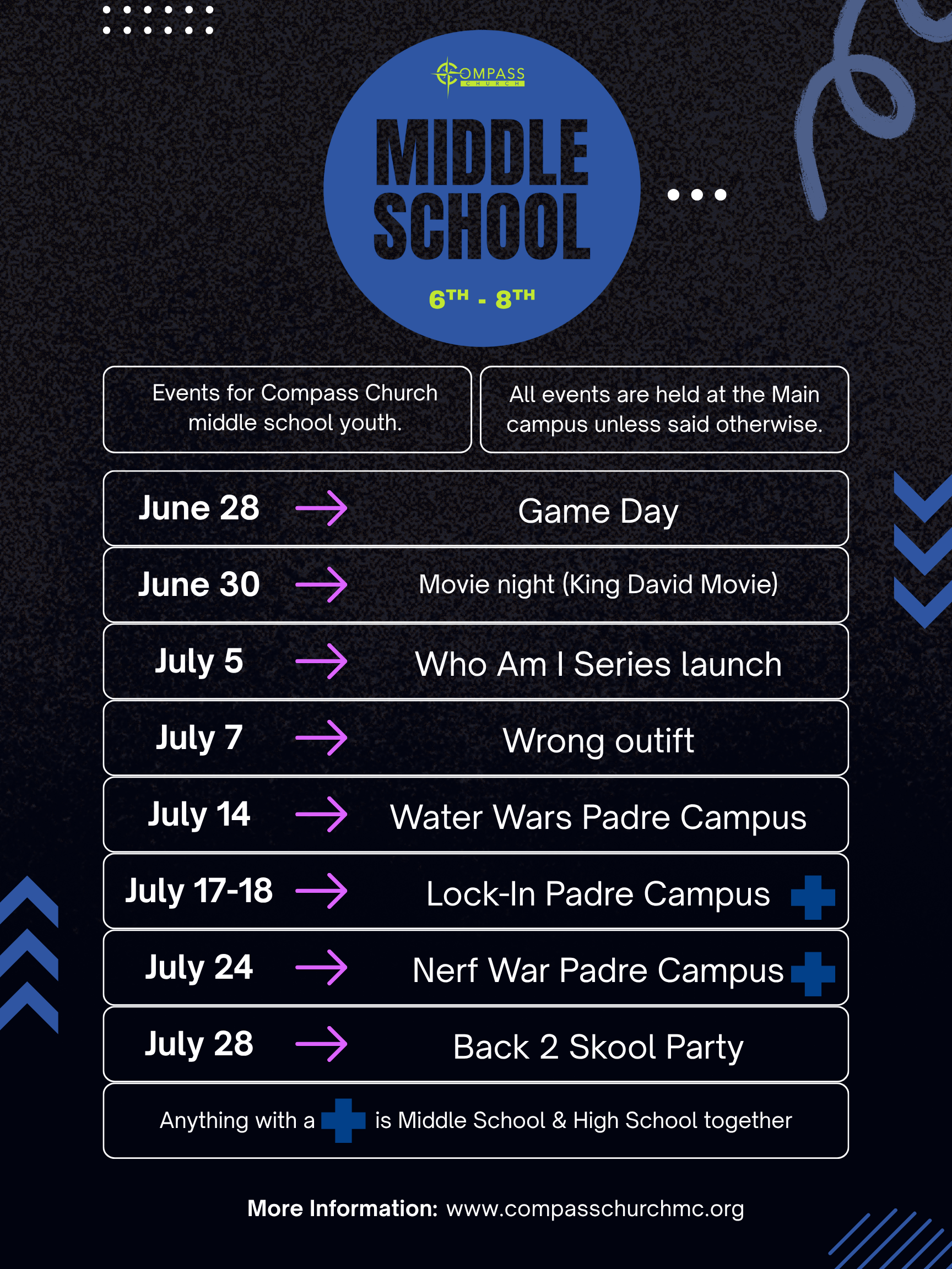 Middle School summer event schedule poster with dates and activities on a dark background