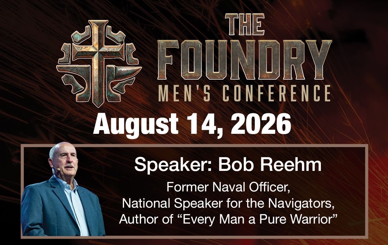 The Foundry Men’s Conference logo on a dark red and black textured background with a cross emblem