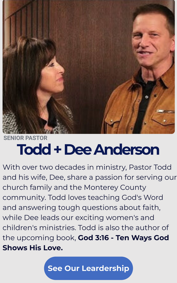 Todd and Dee Anderson, senior pastors, posing with text describing their ministry.