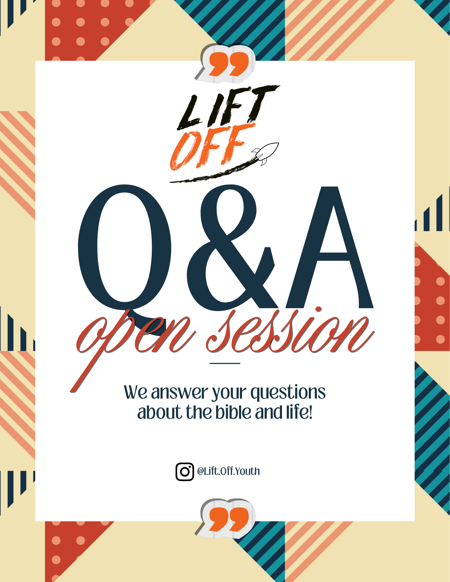 Q&A open session flyer in teal, orange, and cream with bold “Let Off” and quotation marks