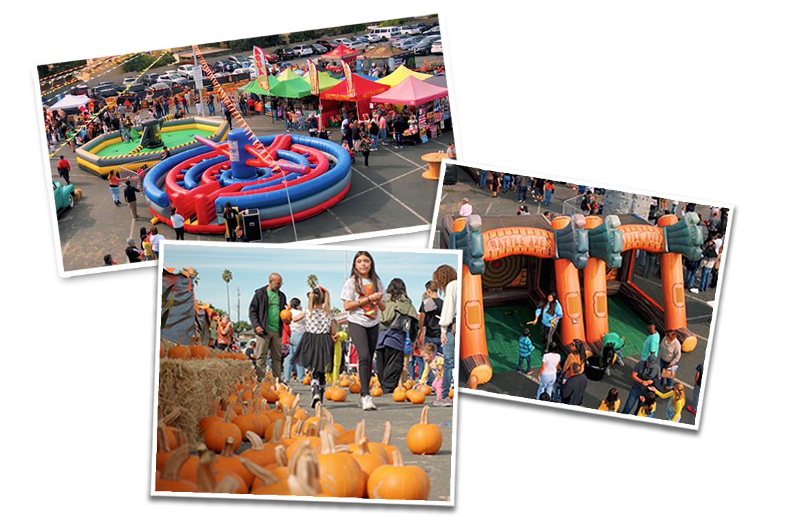 Scenes from a fall festival: inflatables, pumpkins, and a crowd of people gathered outdoors.