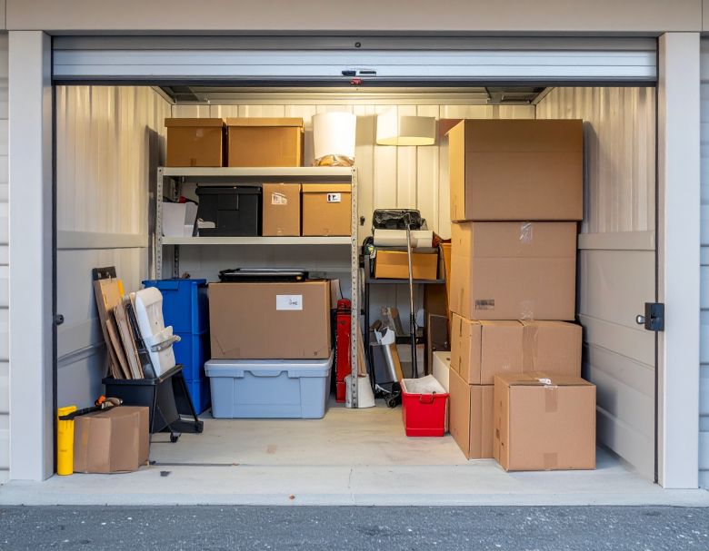 Open storage unit filled with cardboard boxes, bins, and shelves of stored items