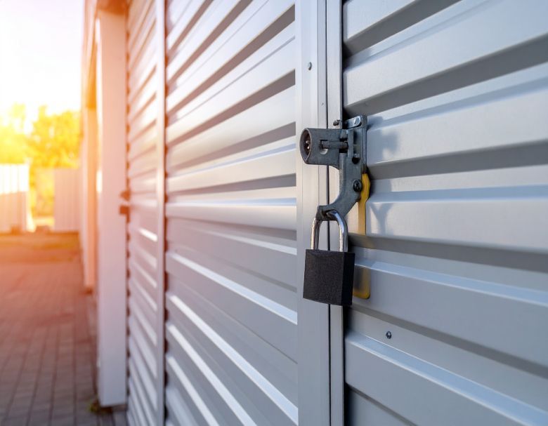 Padlocked metal storage unit doors at sunset, with warm light reflecting off the corrugated panels.