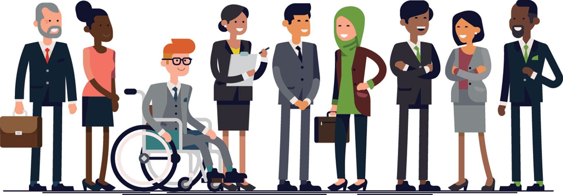 Group of diverse business professionals, one in a wheelchair, stand together.