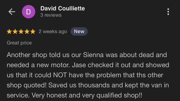 Screenshot of a review from David Coulliette in Wilmore, KY which states that M&T Auto saved his family thousands when other shops quoted much higher prices and kept their old Sienna running