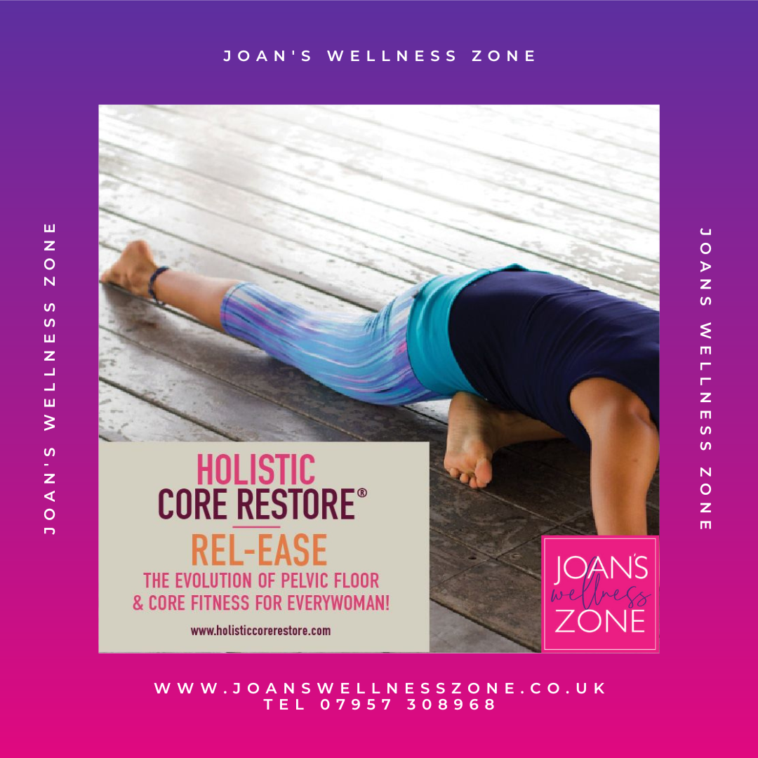 Dark pink background square with a lady stretching