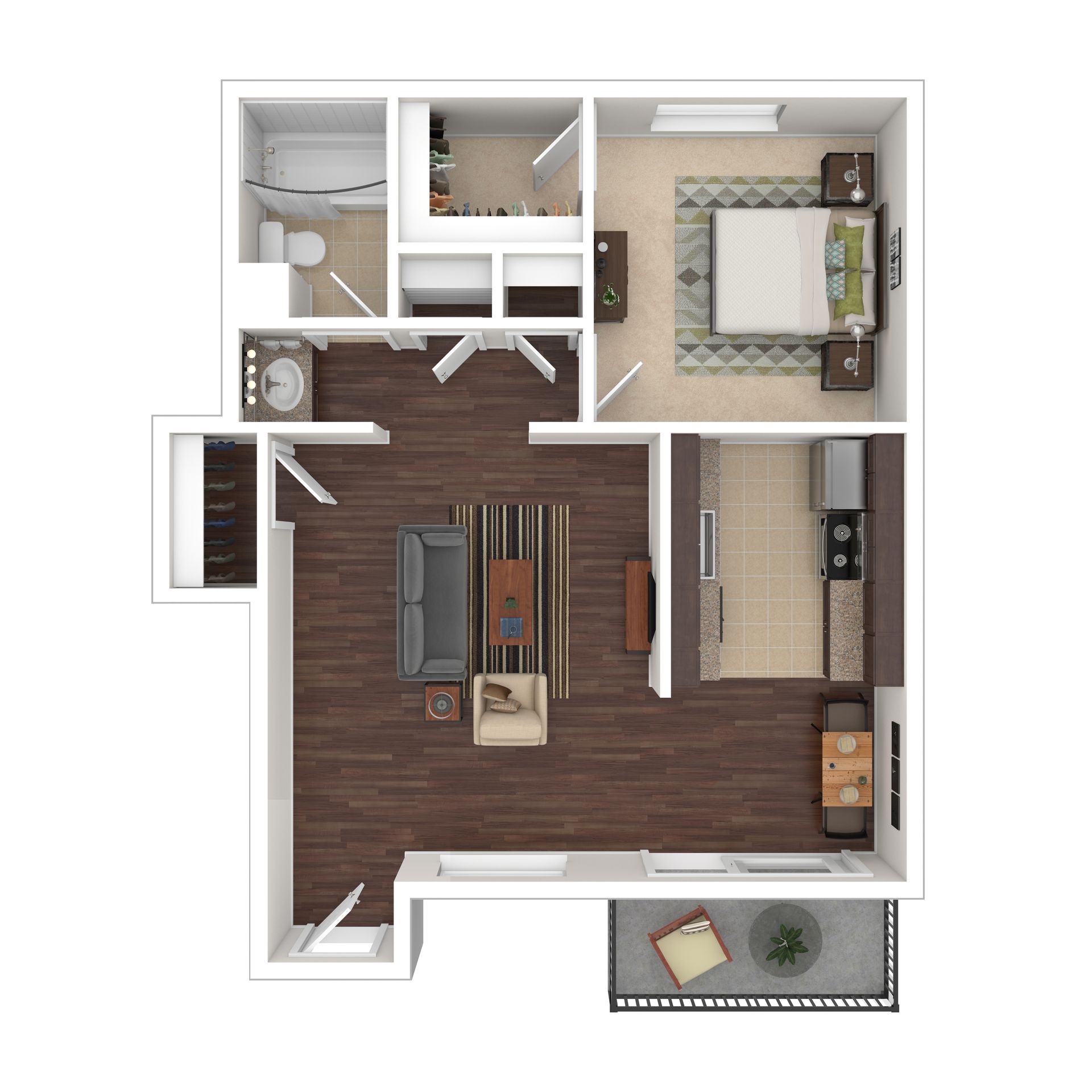 Floor plan of a one-bedroom apartment with a living room, kitchen, bedroom, bathroom, and balcony.