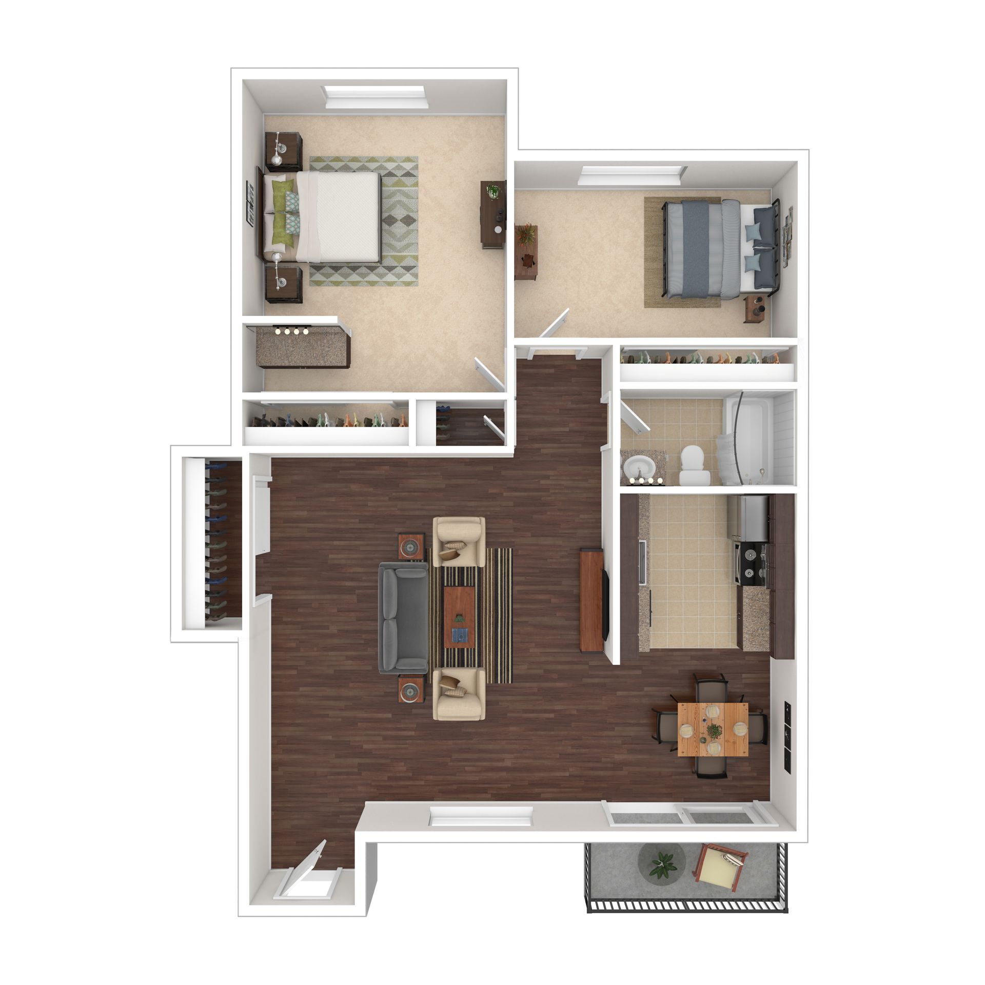 Floor plan with living area, two bedrooms, kitchen, dining, and patio.