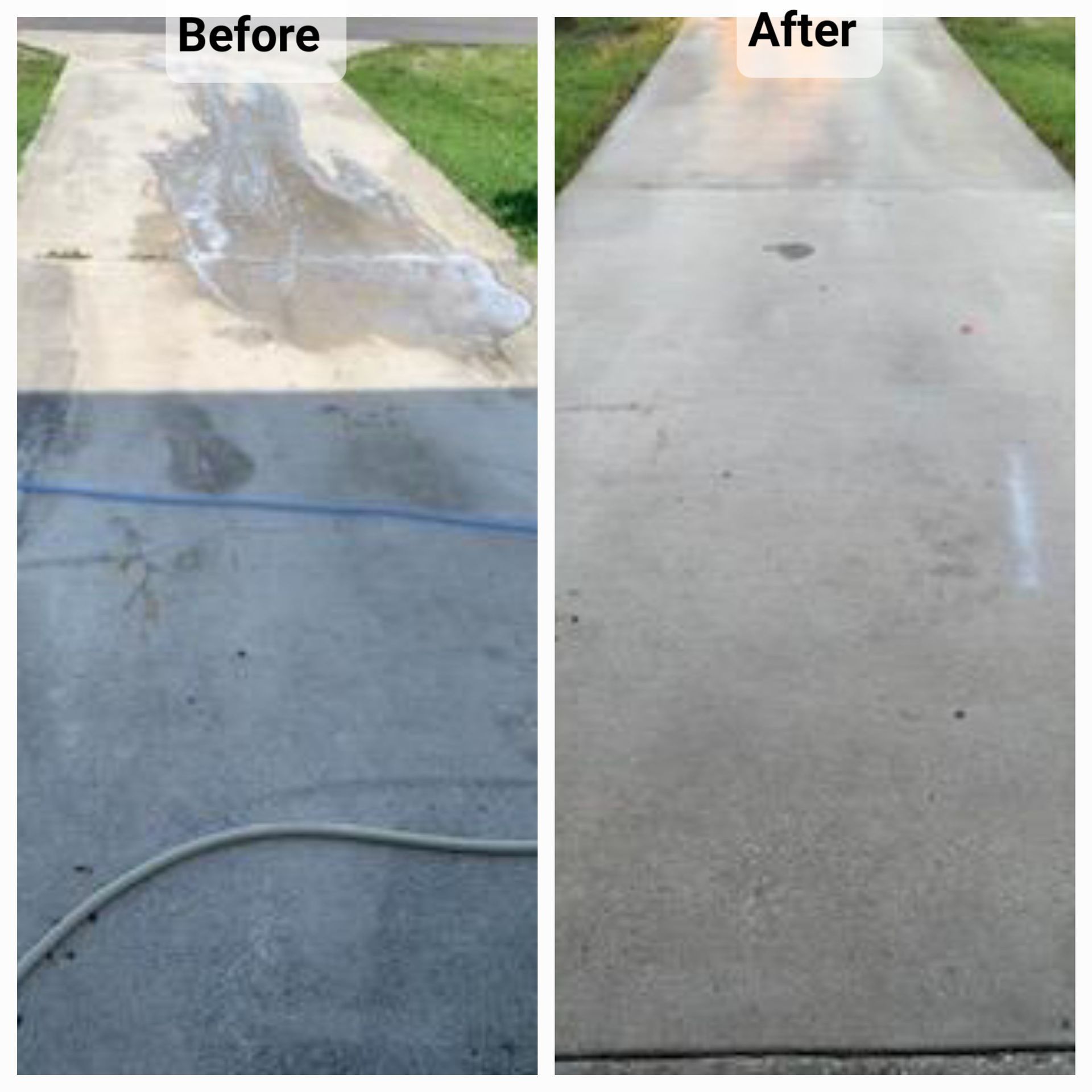 A before and after photo of a concrete driveway