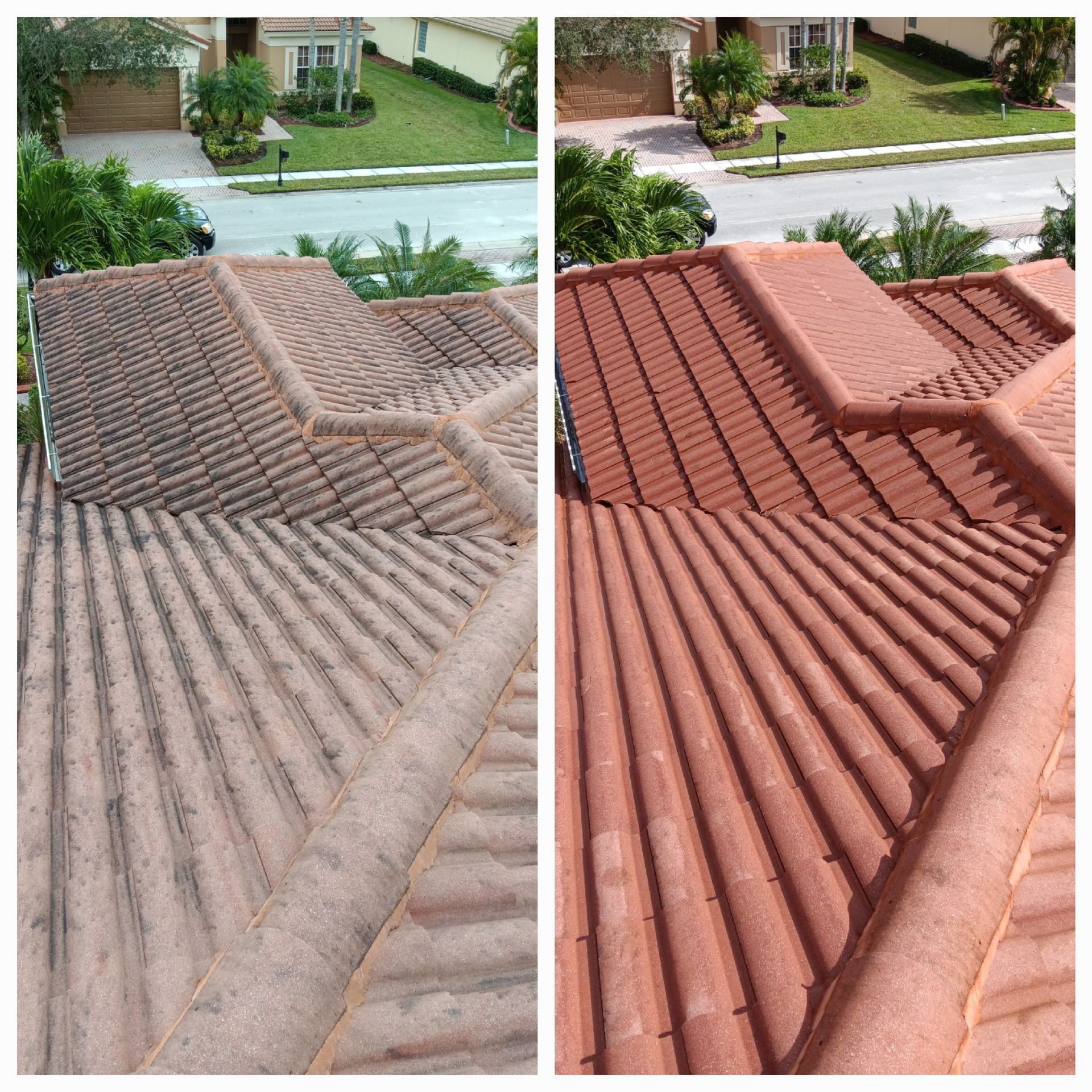 A before and after photo of a tile roof