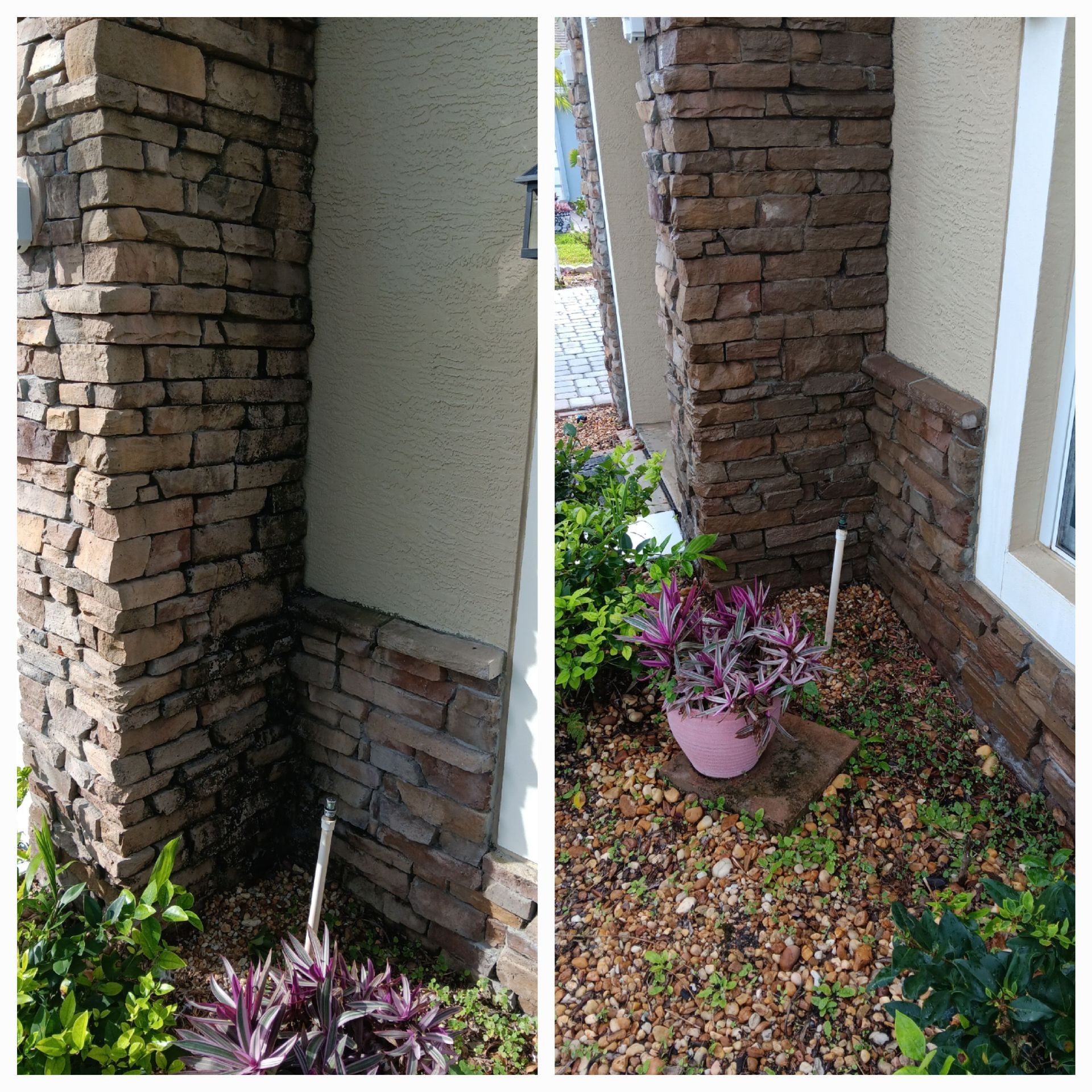A before and after picture of a brick building with a potted plant in front of it