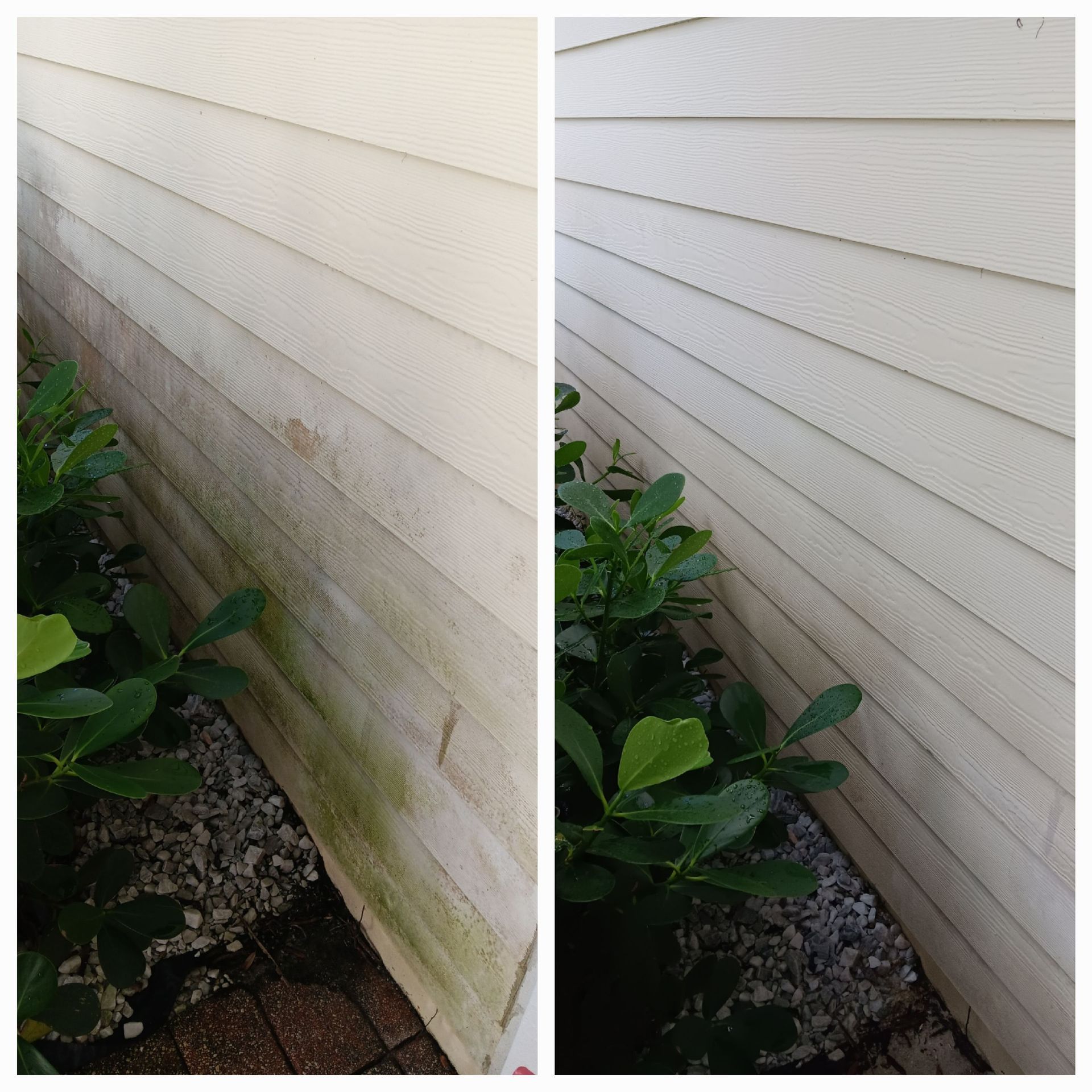 A before and after picture of a house siding being cleaned
